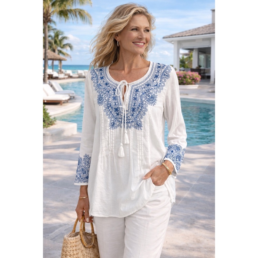 NEW Vineyard Vines Blue White Cotton Lightweight Tunic Top Large Coastal Boho